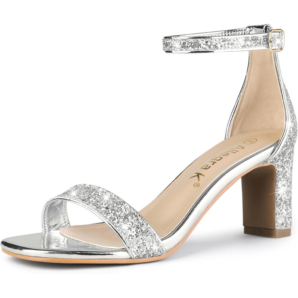 imageAllegra K Womens Glitter Ankle Strap Chunky Heeled SandalsSilver