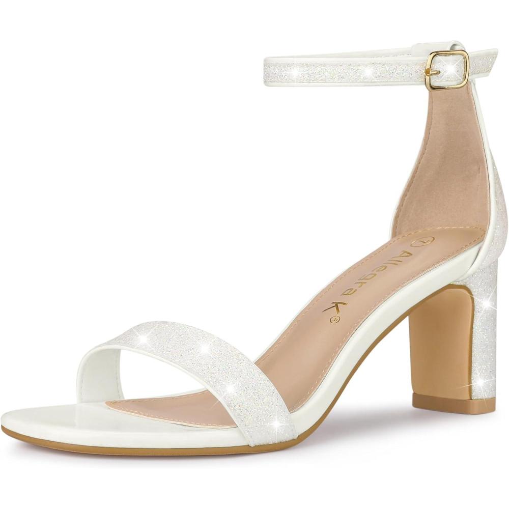 imageAllegra K Womens Glitter Ankle Strap Chunky Heeled SandalsWhite