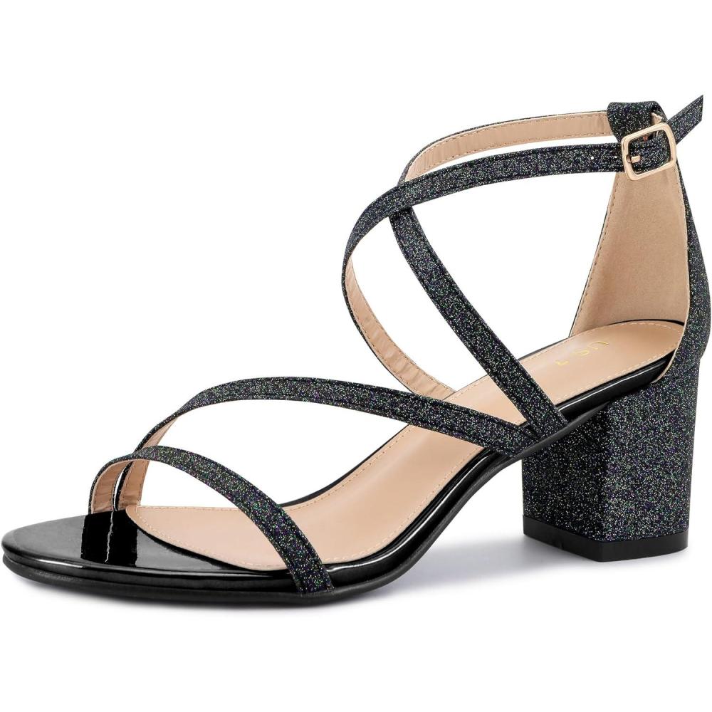 imageAllegra K Womens Glitter Crisscross Strap Chunky Heels SandalsBlack