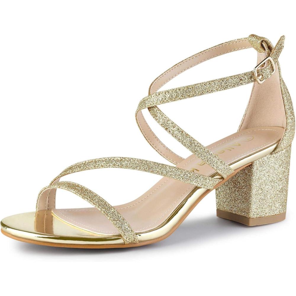 imageAllegra K Womens Glitter Crisscross Strap Chunky Heels SandalsGold
