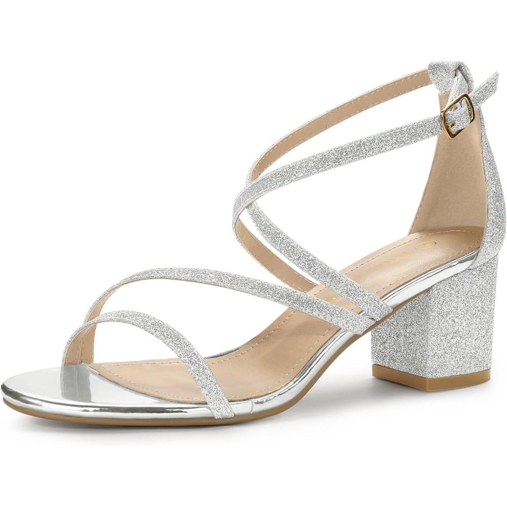 imageAllegra K Womens Glitter Crisscross Strap Chunky Heels SandalsSilver