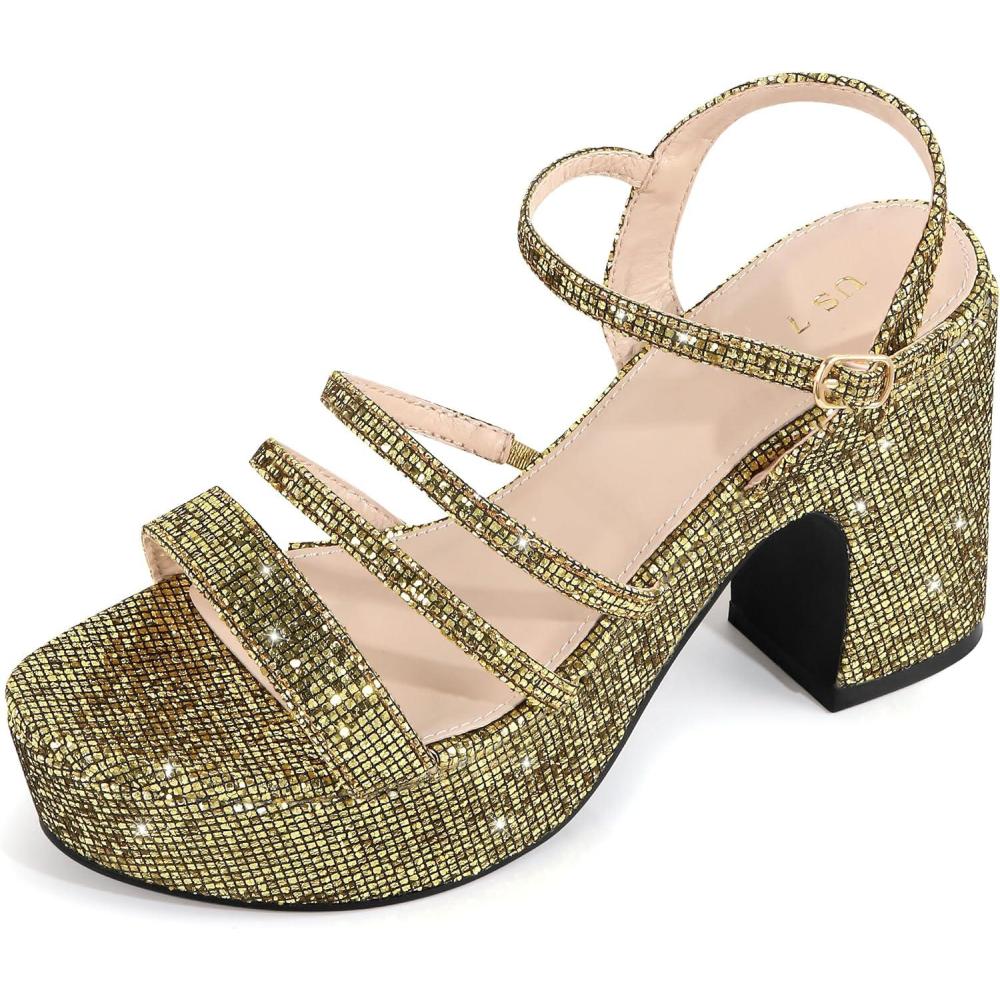 imageAllegra K Womens Glitter Sparkly Strappy Platform Chunky Heels SandalsGlitter Gold