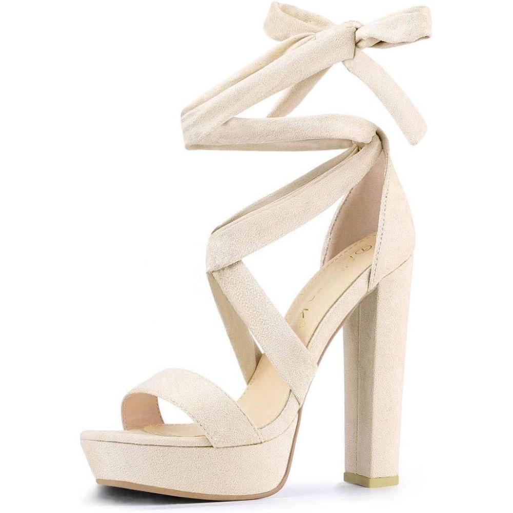 imageAllegra K Womens Lace Up Platform Block Heel SandalsBeige