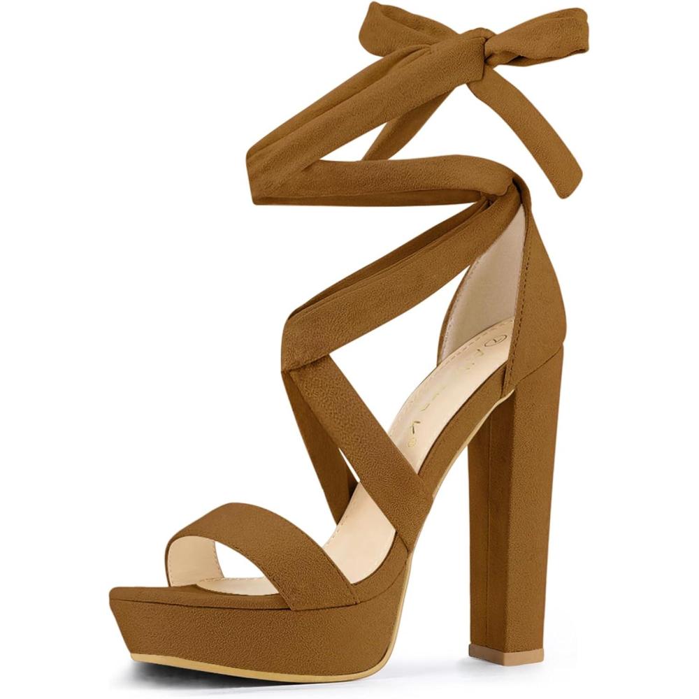 imageAllegra K Womens Lace Up Platform Block Heel SandalsBrown