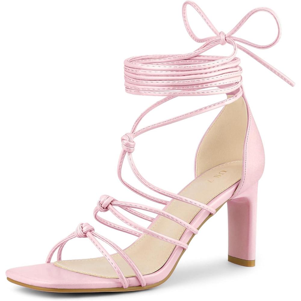 imageAllegra K Womens Lace Up Strappy Chunky High Heels SandalsPink