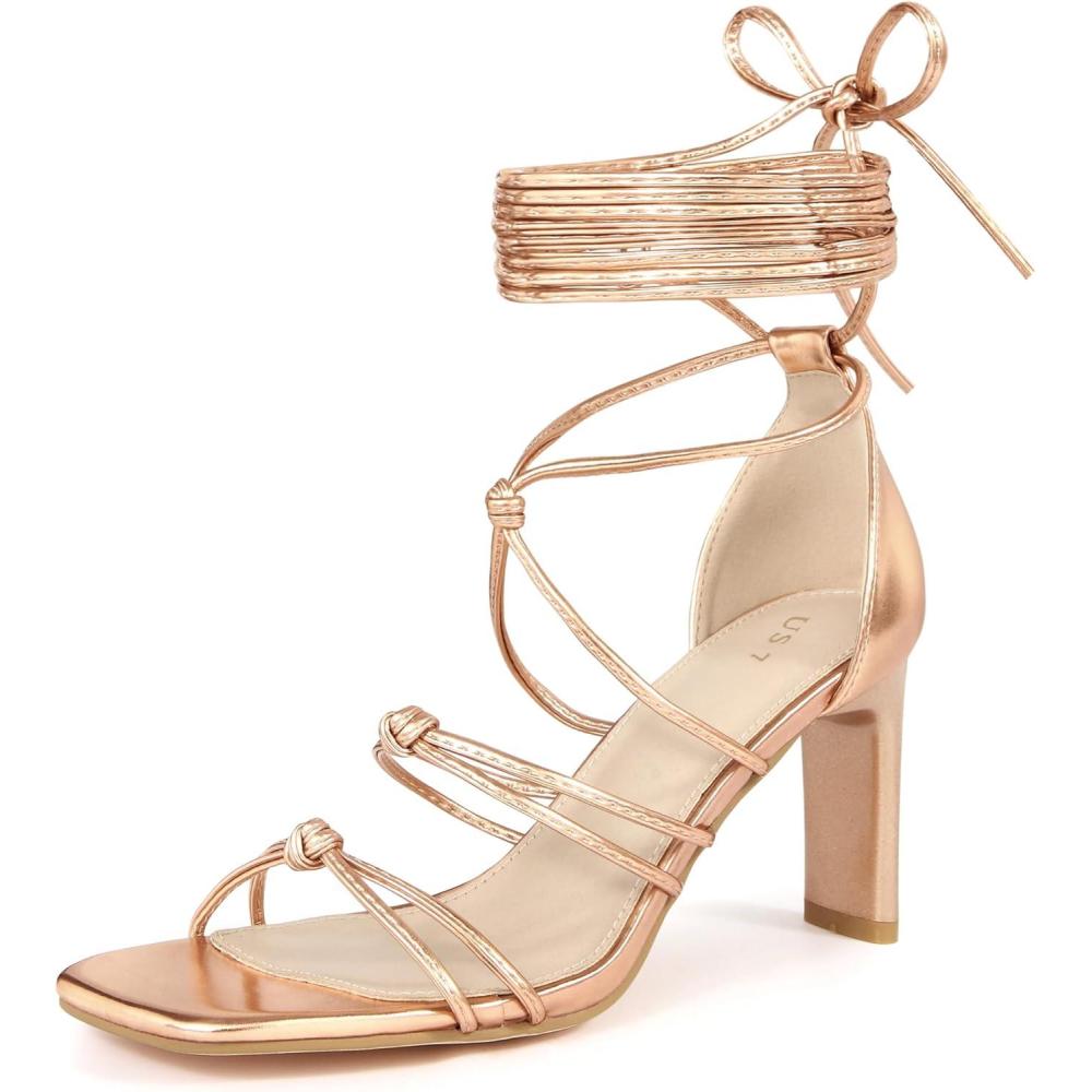 imageAllegra K Womens Lace Up Strappy Chunky High Heels SandalsRose Gold