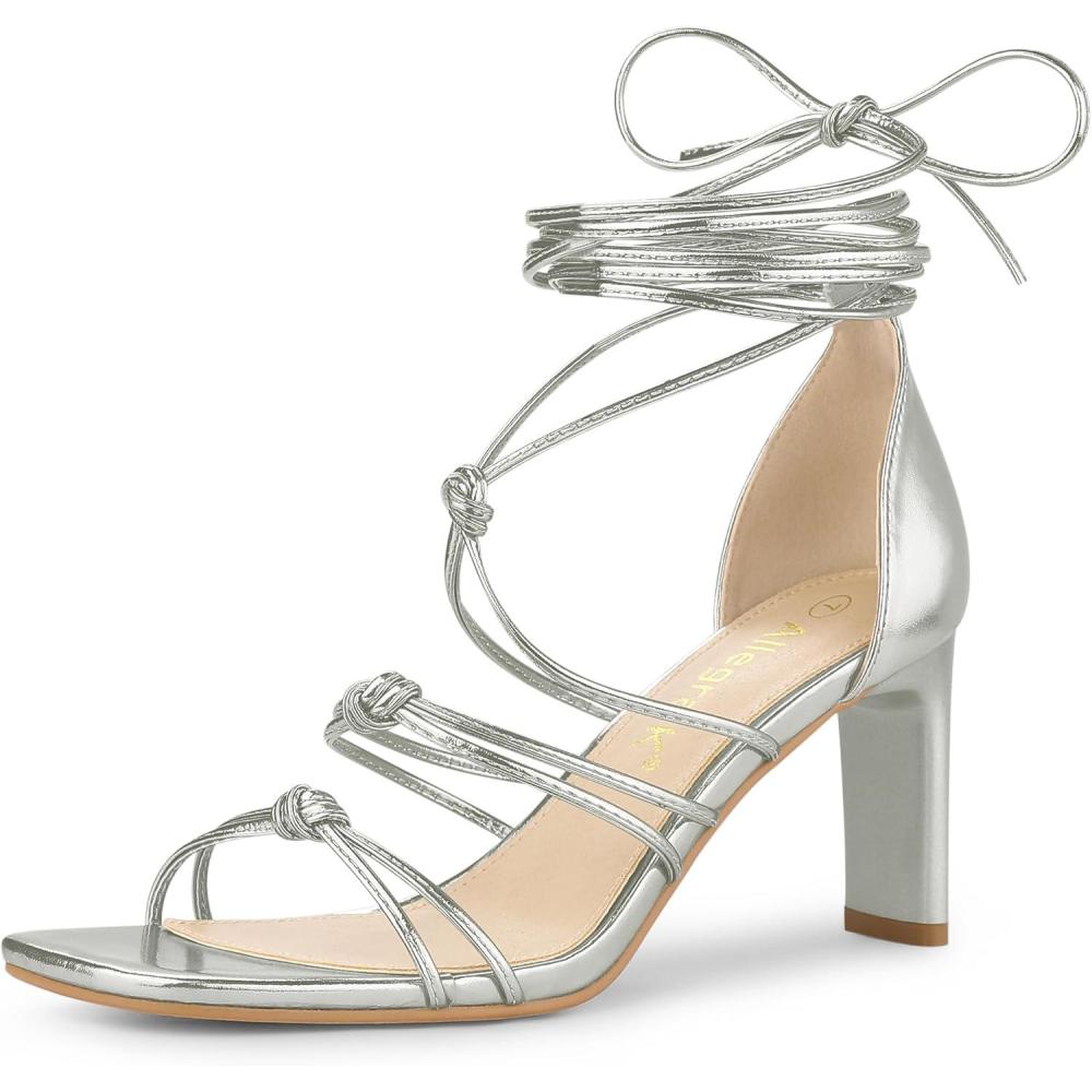 imageAllegra K Womens Lace Up Strappy Chunky High Heels SandalsSilver