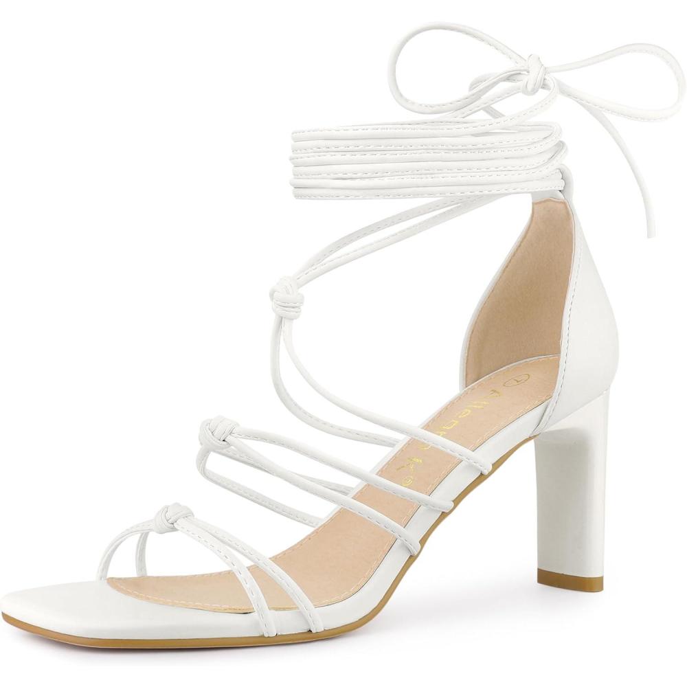 imageAllegra K Womens Lace Up Strappy Chunky High Heels SandalsWhite