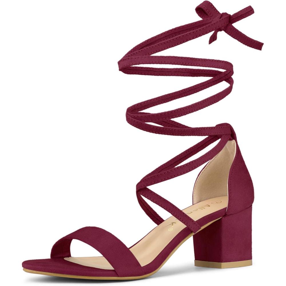 imageAllegra K Womens Open Toe Lace Up Mid Chunky Heeled SandalsBurgundy
