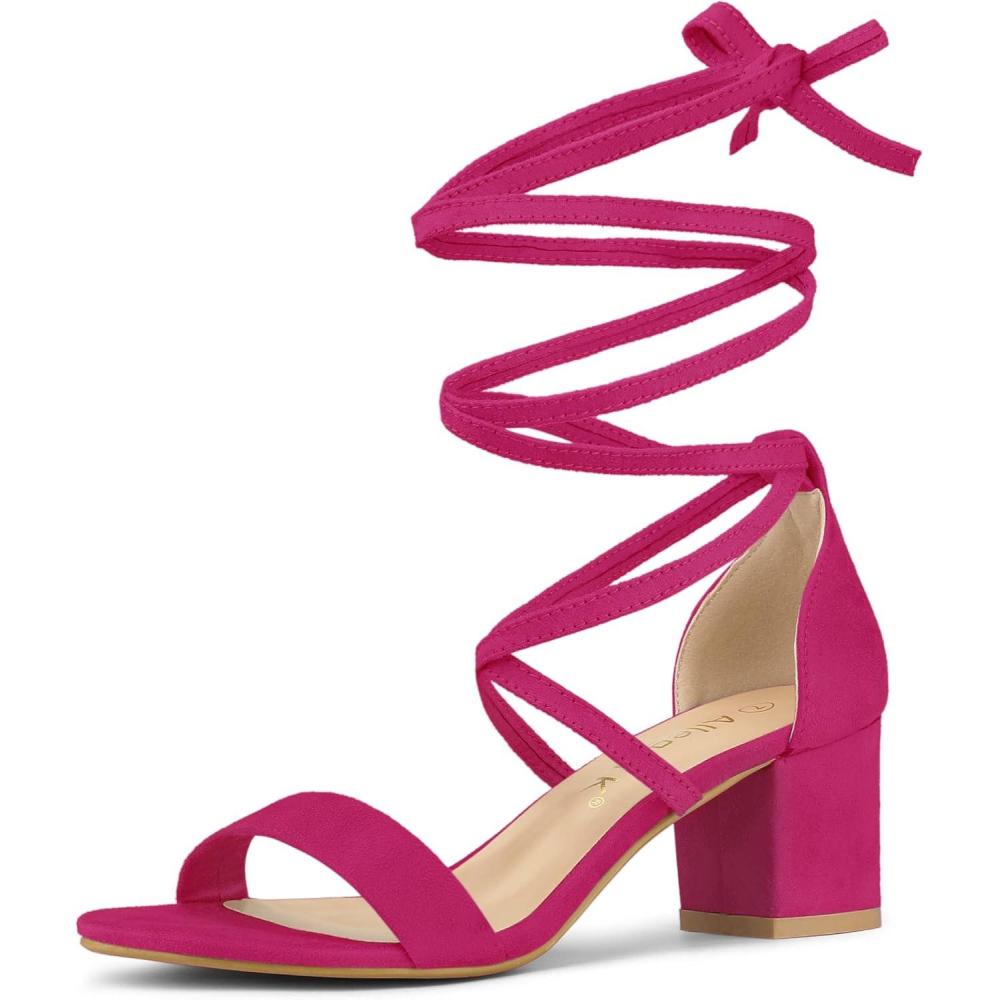 imageAllegra K Womens Open Toe Lace Up Mid Chunky Heeled SandalsHot Pink