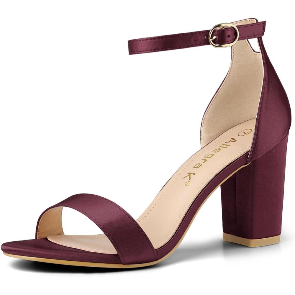 imageAllegra K Womens Satin Open Toe Ankle Strap Chunky Heels SandalsBurgundy