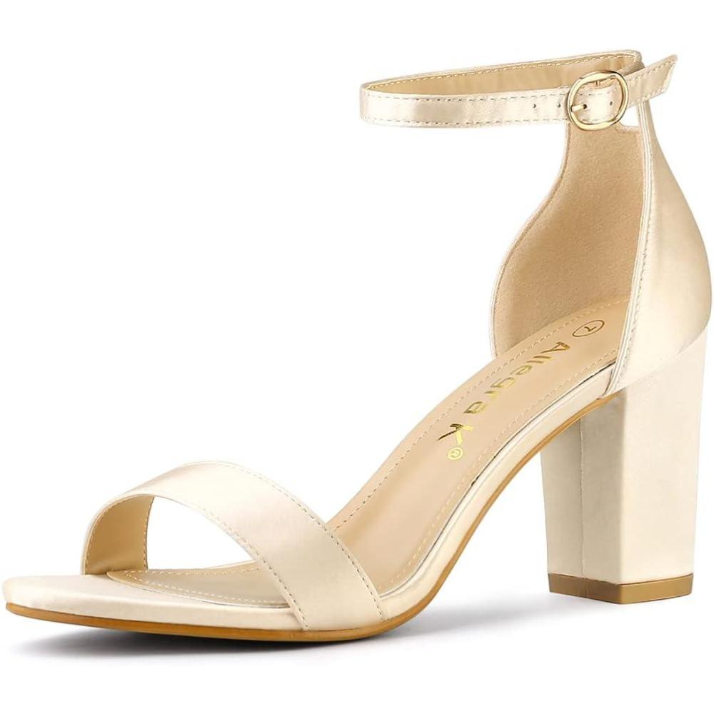 imageAllegra K Womens Satin Open Toe Ankle Strap Chunky Heels SandalsNude