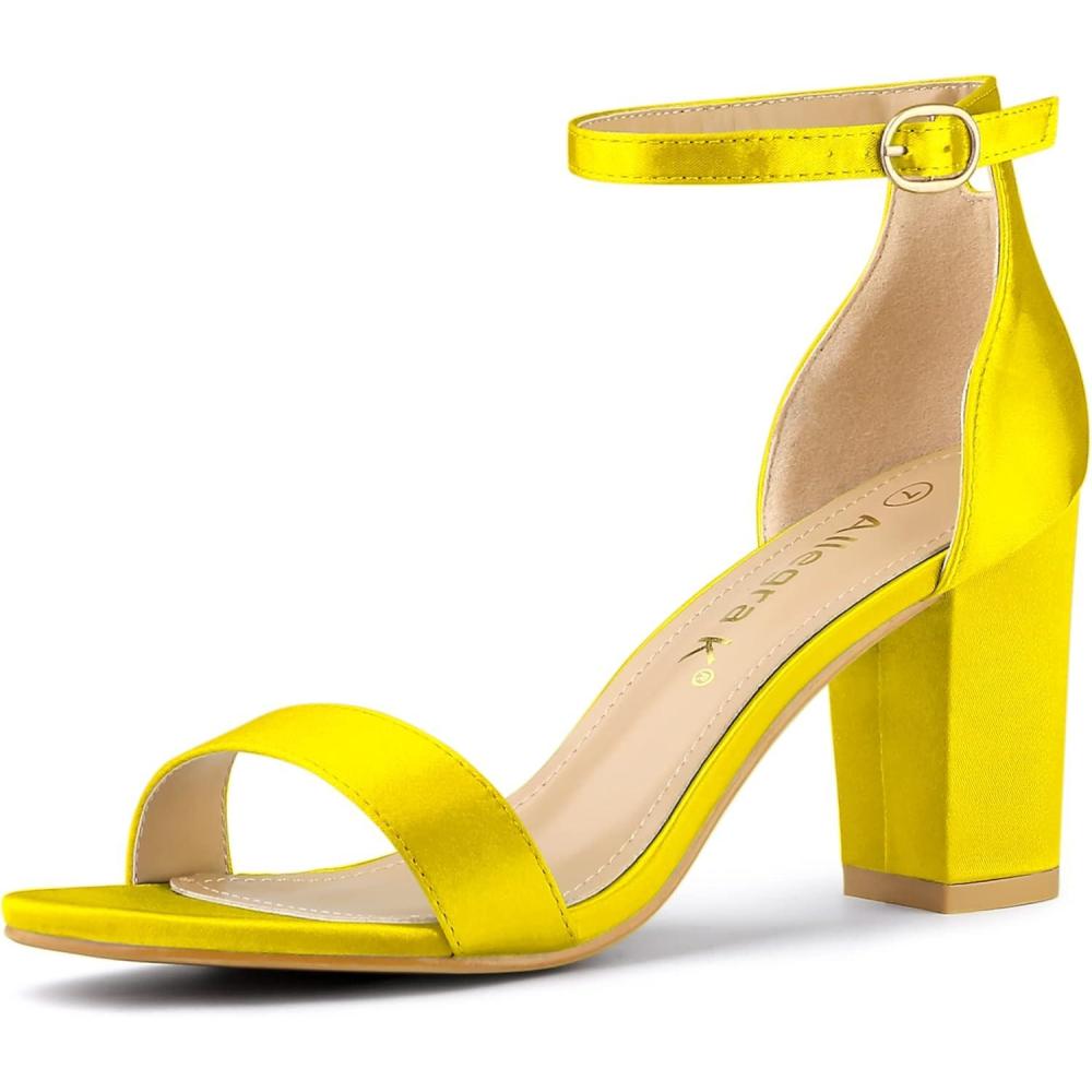 imageAllegra K Womens Satin Open Toe Ankle Strap Chunky Heels SandalsYellow