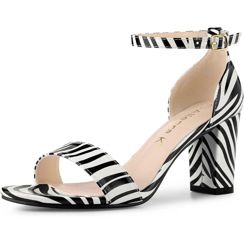 imageAllegra K Womens Snakeskin Heels Chunky Heels Ankle Strap SandalsBlack White