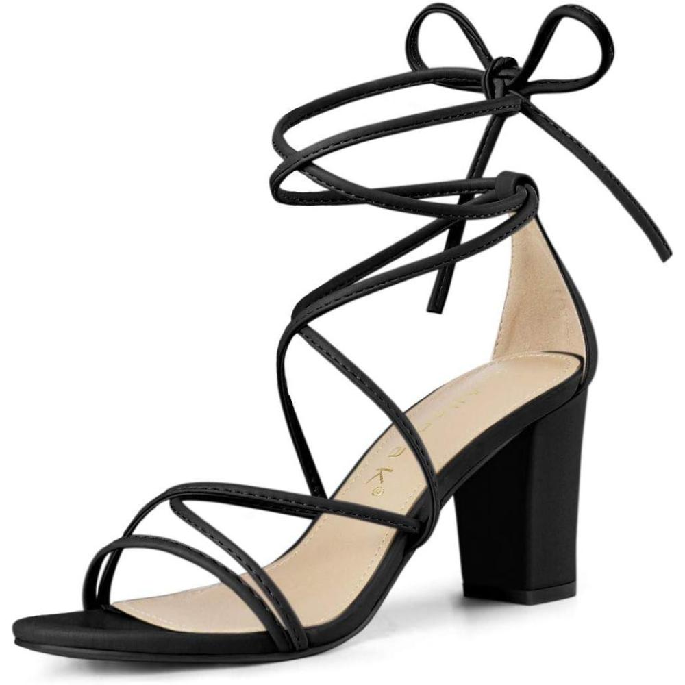 imageAllegra K Womens Strappy Lace Up Chunky Heeled SandalsBlack