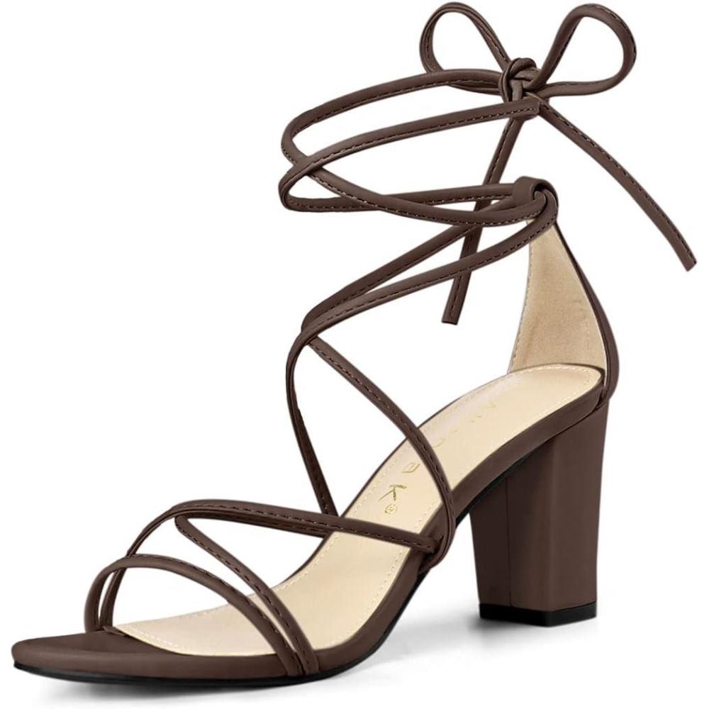 imageAllegra K Womens Strappy Lace Up Chunky Heeled SandalsCoffee