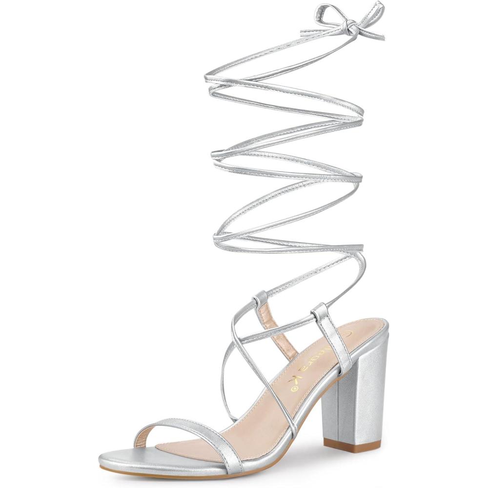 imageAllegra K Womens Strappy One Strap Lace Up Chunky Heels SandalsSilver