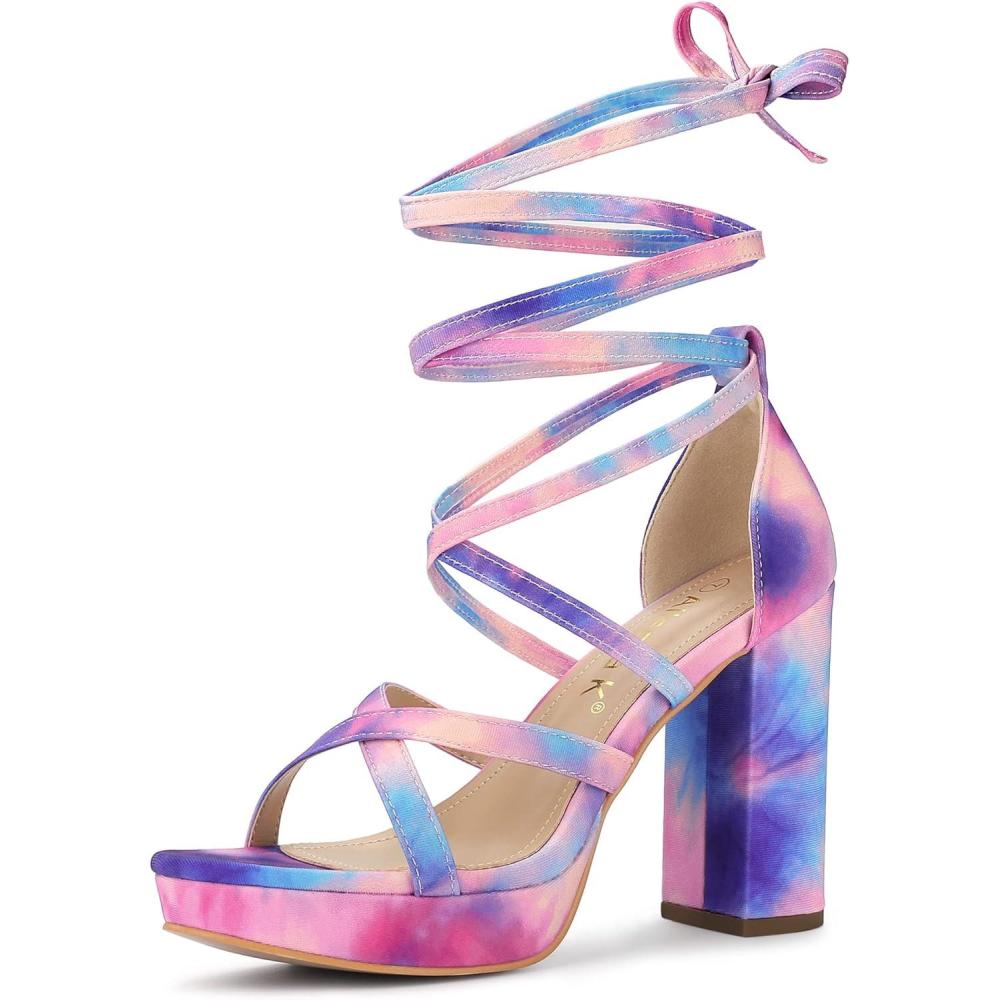 imageAllegra K Womens Tie Dye Platform Chunky Heel Lace Up SandalsBlue Pink