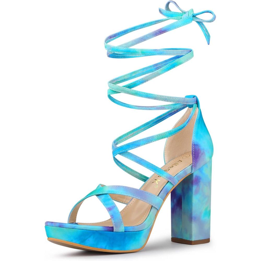 imageAllegra K Womens Tie Dye Platform Chunky Heel Lace Up SandalsCyan