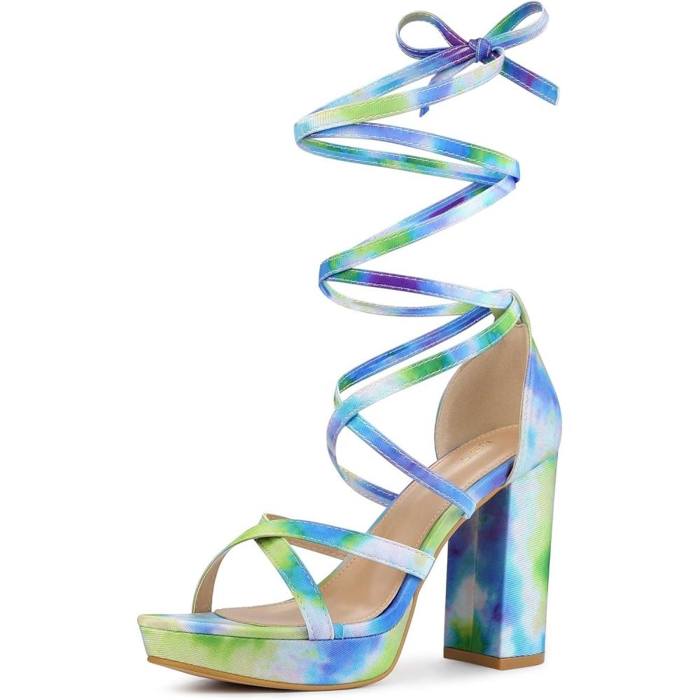 imageAllegra K Womens Tie Dye Platform Chunky Heel Lace Up SandalsGreen Blue