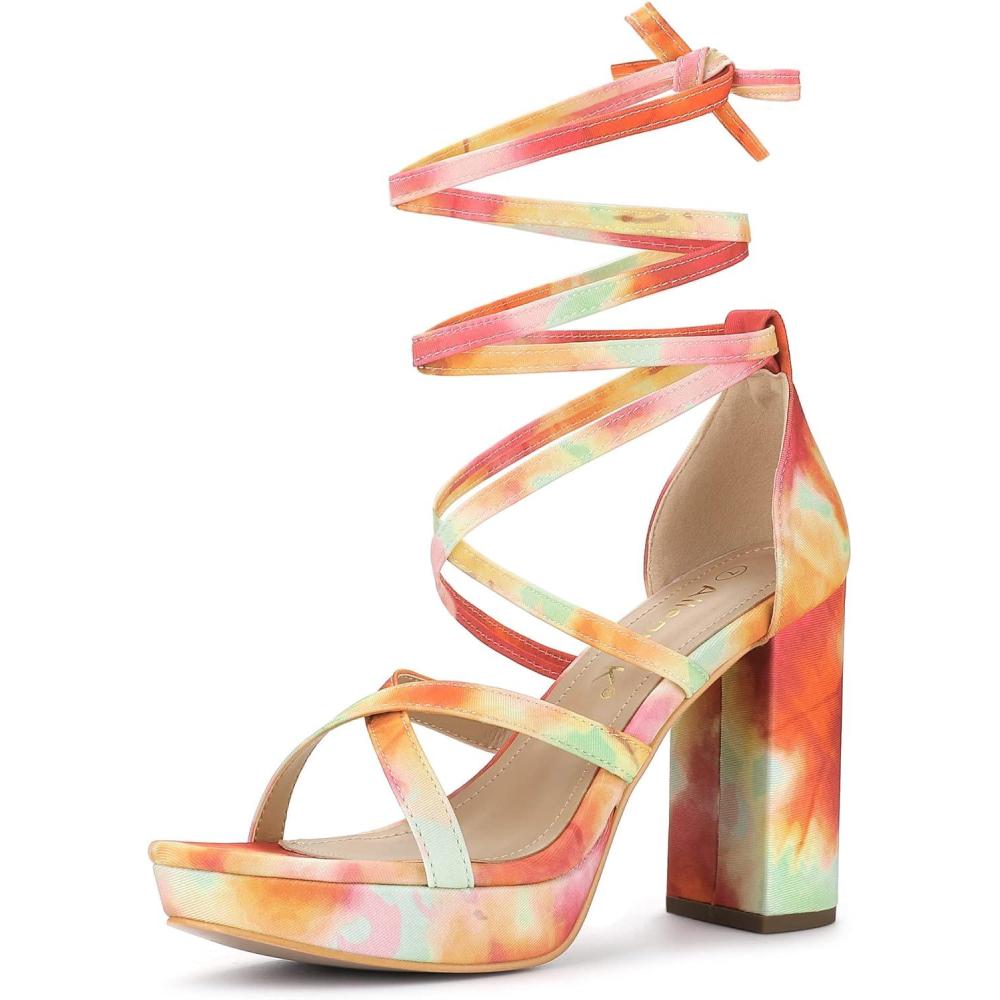 imageAllegra K Womens Tie Dye Platform Chunky Heel Lace Up SandalsOrange