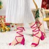 imageAllegra K Womens Open Toe Lace Up Mid Chunky Heeled SandalsHot Pink