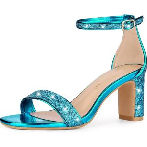 imageAllegra K Womens Glitter Ankle Strap Chunky Heeled SandalsLake Blue