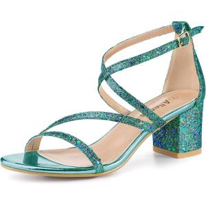 imageAllegra K Womens Glitter Crisscross Strap Chunky Heels SandalsGreen