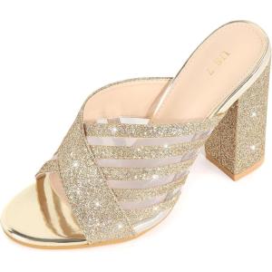 imageAllegra K Womens Glitter Mesh Slip on Chunky Heel Slide SandalsGold