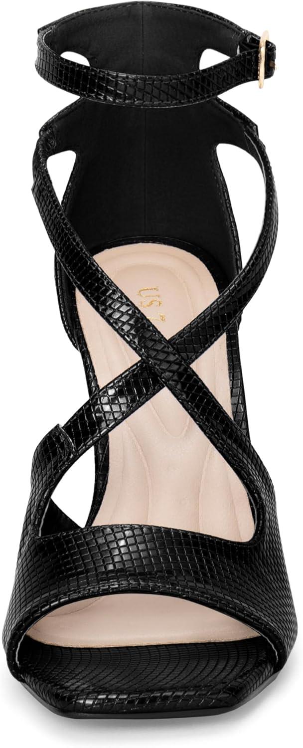 imageAllegra K Womens Ankle Strap Square Toe Crisscross Embossed Stiletto Heel SandalsBlack