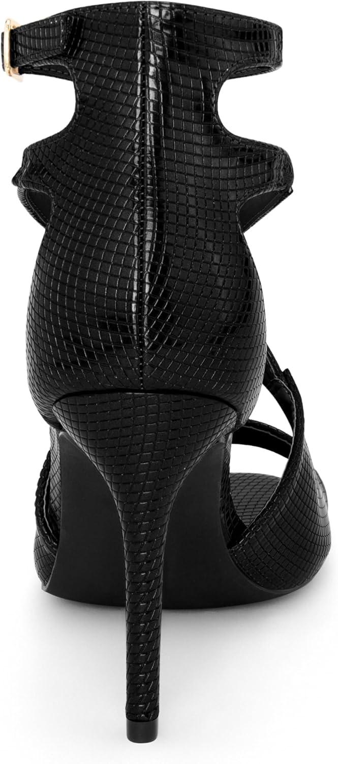 imageAllegra K Womens Ankle Strap Square Toe Crisscross Embossed Stiletto Heel SandalsBlack