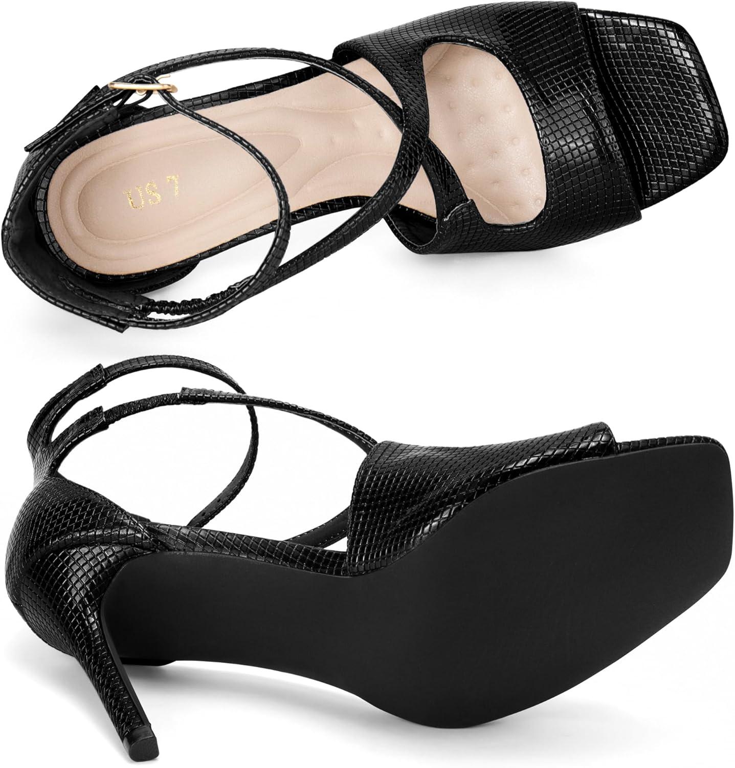 imageAllegra K Womens Ankle Strap Square Toe Crisscross Embossed Stiletto Heel SandalsBlack