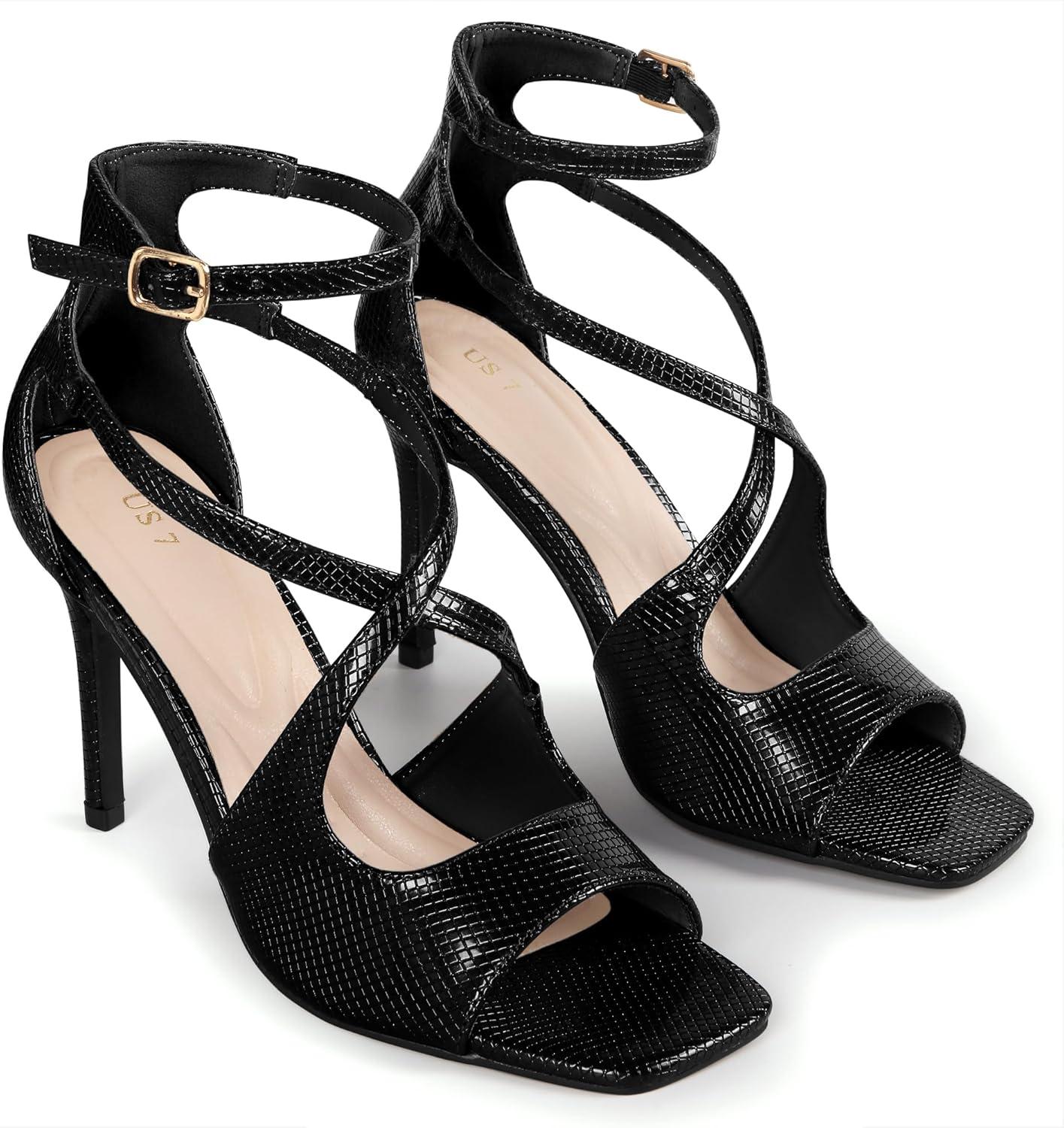 imageAllegra K Womens Ankle Strap Square Toe Crisscross Embossed Stiletto Heel SandalsBlack