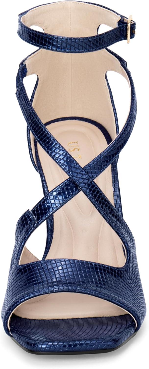 imageAllegra K Womens Ankle Strap Square Toe Crisscross Embossed Stiletto Heel SandalsNavy Blue