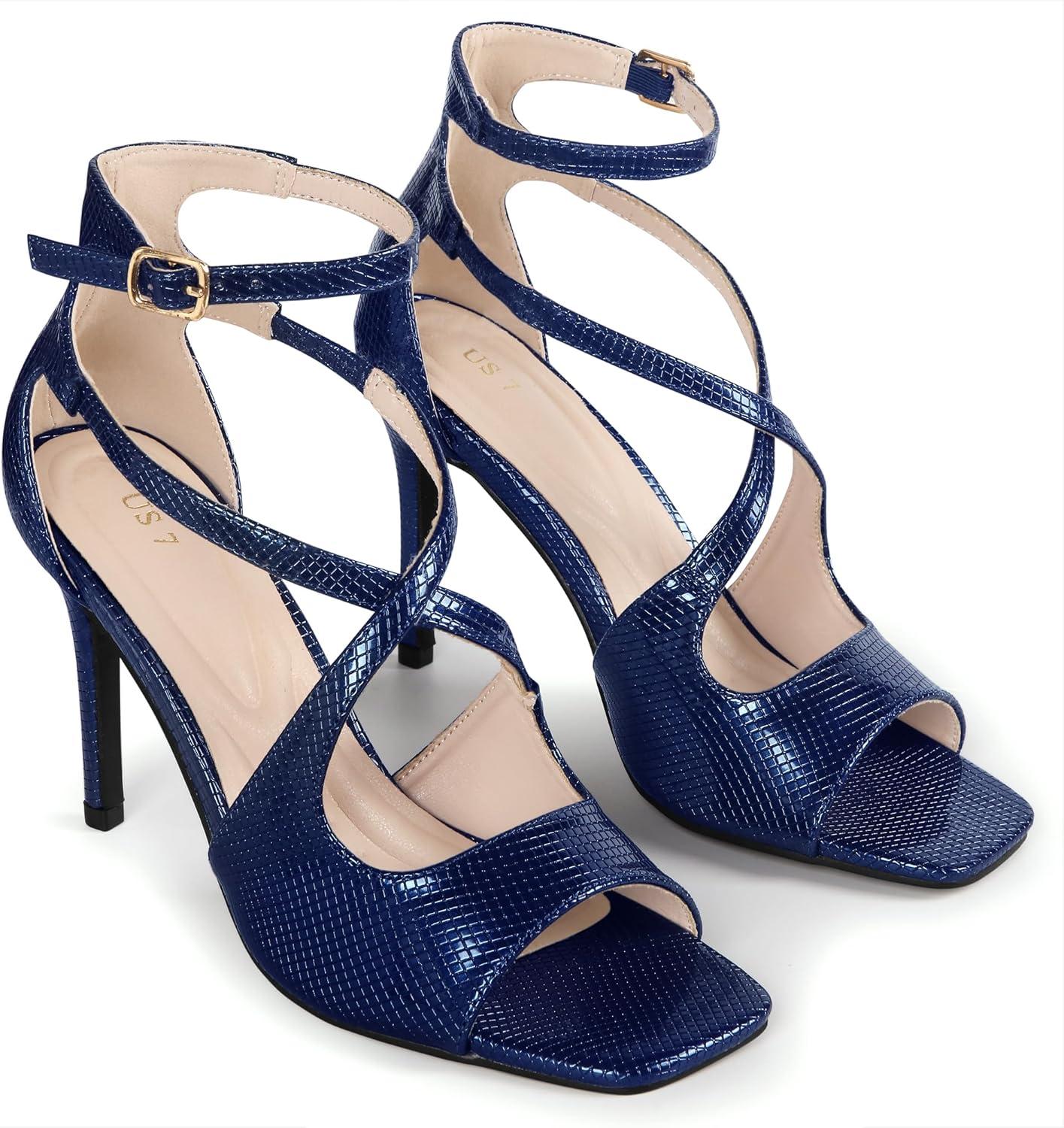 imageAllegra K Womens Ankle Strap Square Toe Crisscross Embossed Stiletto Heel SandalsNavy Blue