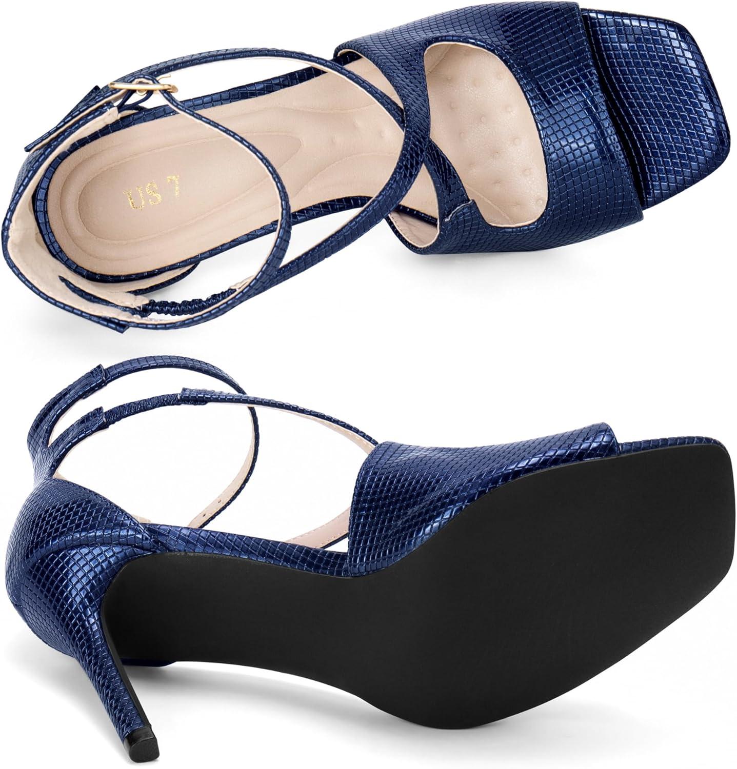 imageAllegra K Womens Ankle Strap Square Toe Crisscross Embossed Stiletto Heel SandalsNavy Blue