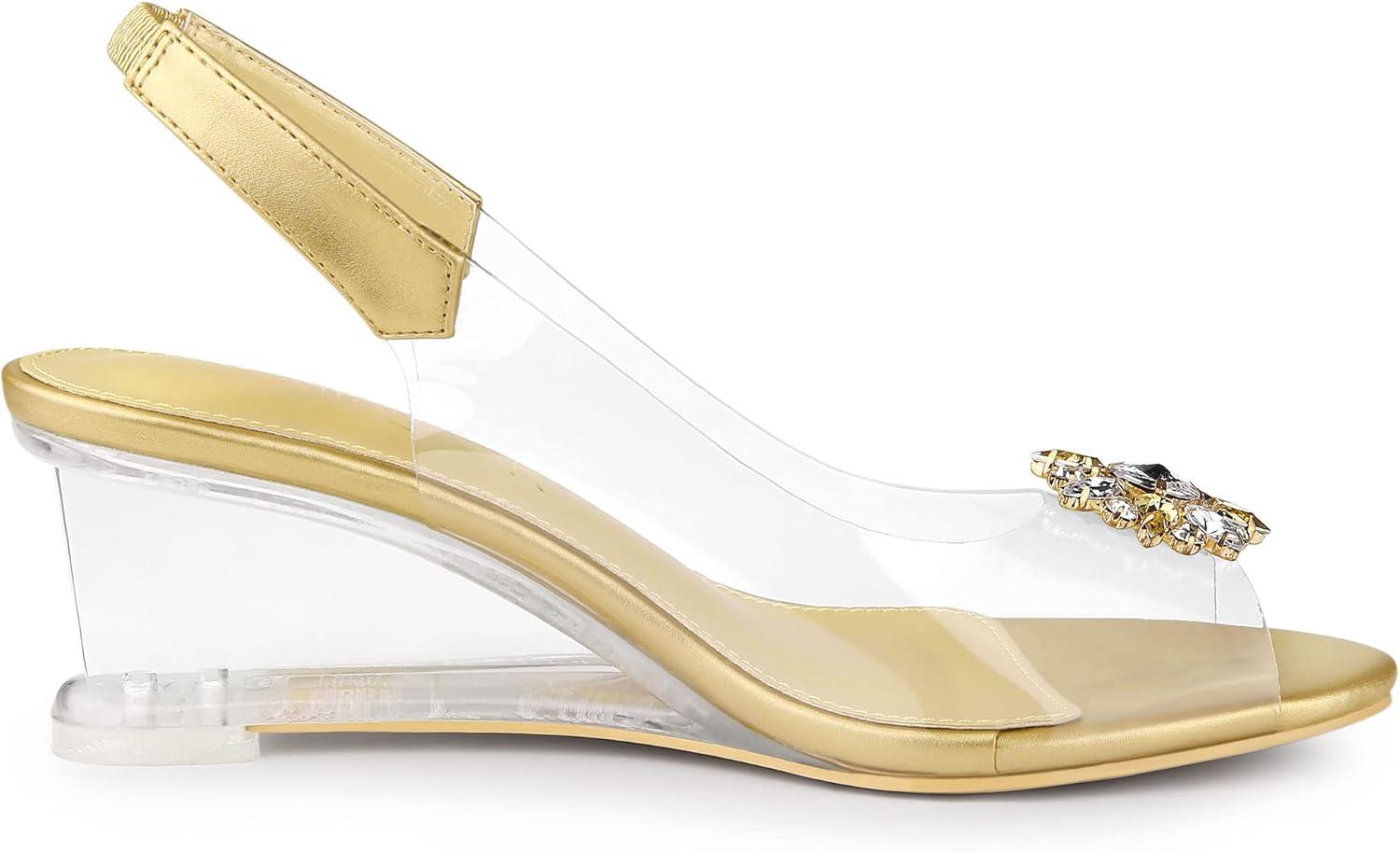 imageAllegra K Womens Clear Slingback Wedges Rhinestone Transparent Peep Toe HeelsGold
