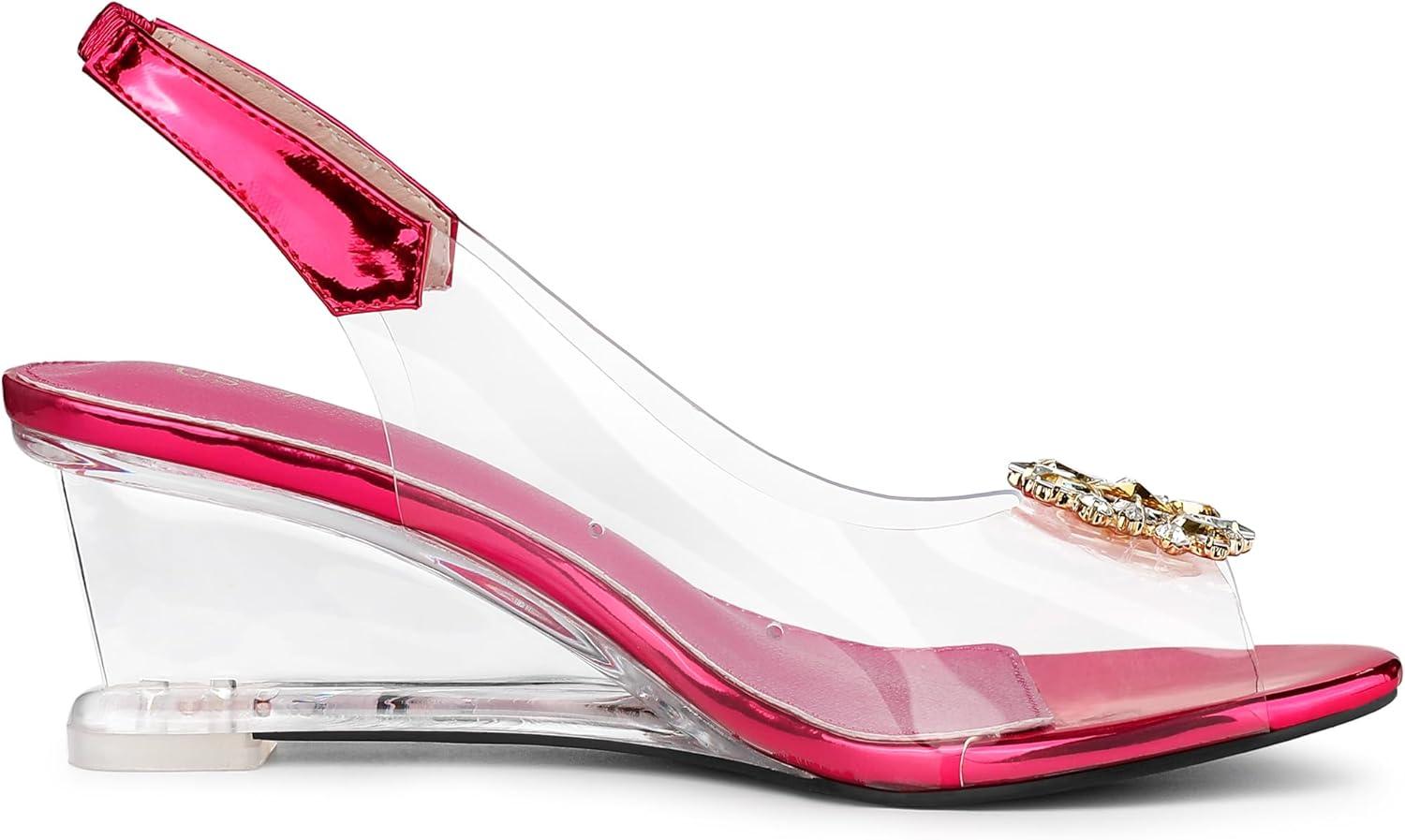 imageAllegra K Womens Clear Slingback Wedges Rhinestone Transparent Peep Toe HeelsHot Pink