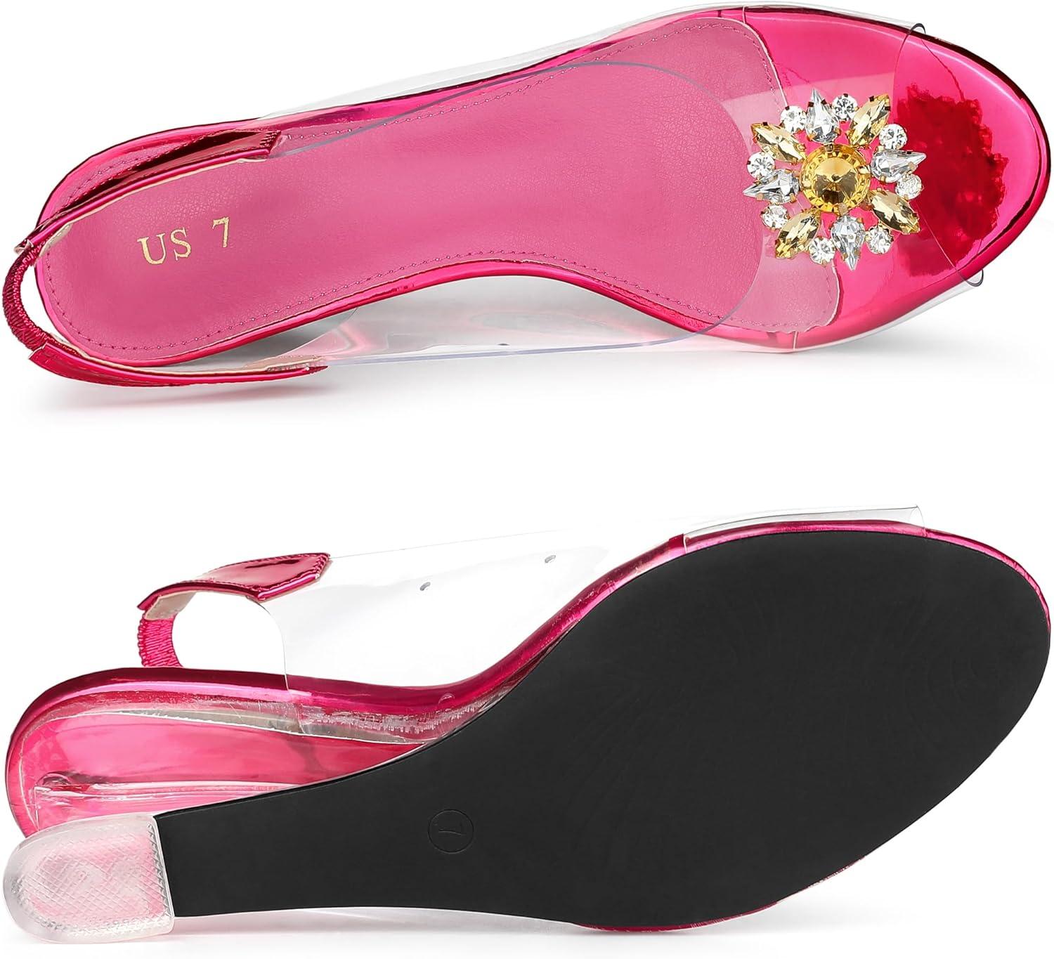 imageAllegra K Womens Clear Slingback Wedges Rhinestone Transparent Peep Toe HeelsHot Pink