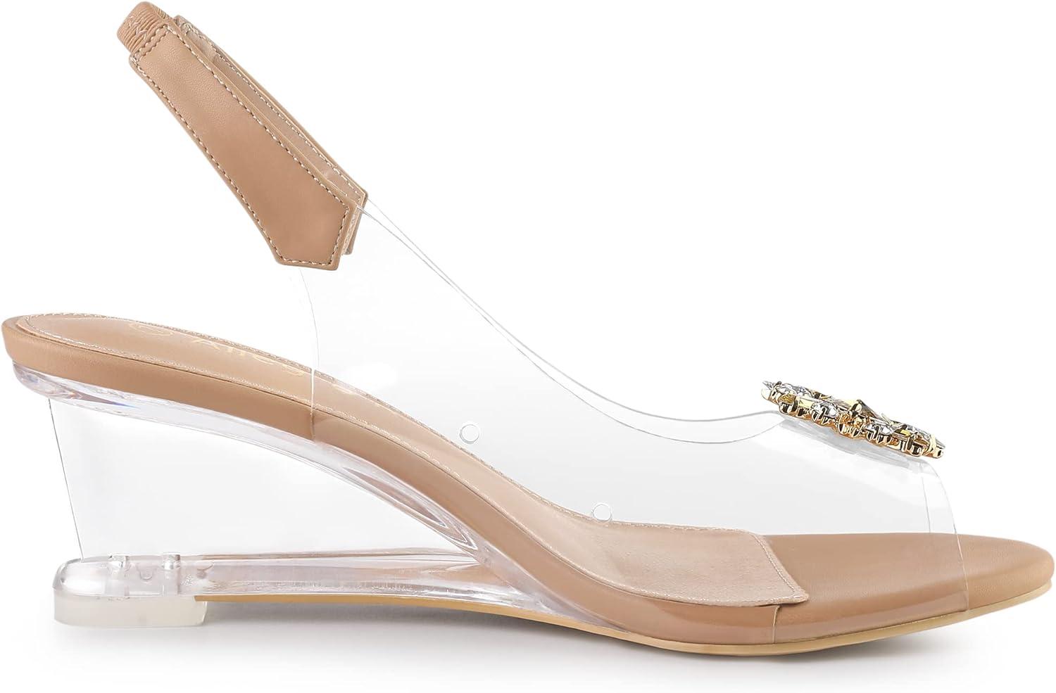 imageAllegra K Womens Clear Slingback Wedges Rhinestone Transparent Peep Toe HeelsNude