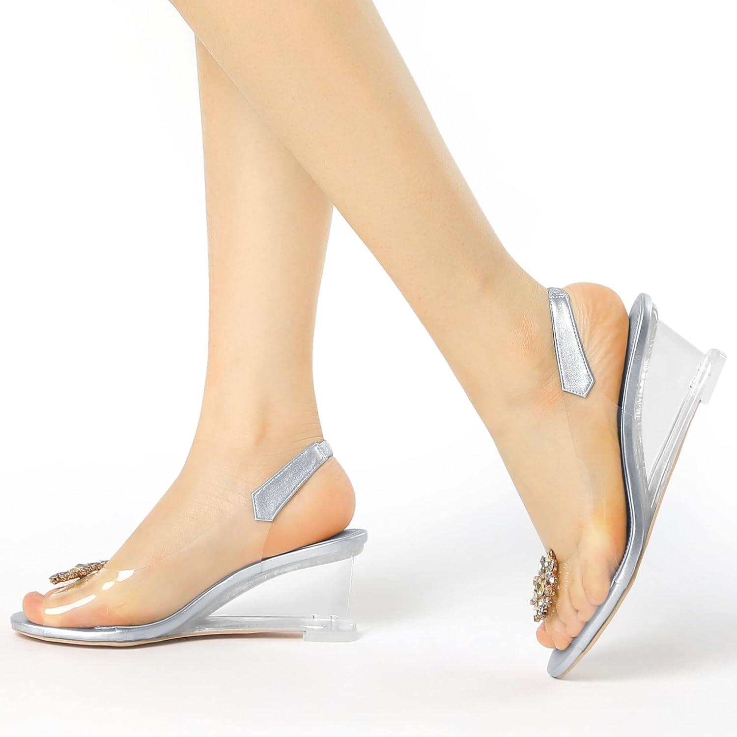 imageAllegra K Womens Clear Slingback Wedges Rhinestone Transparent Peep Toe HeelsSilver