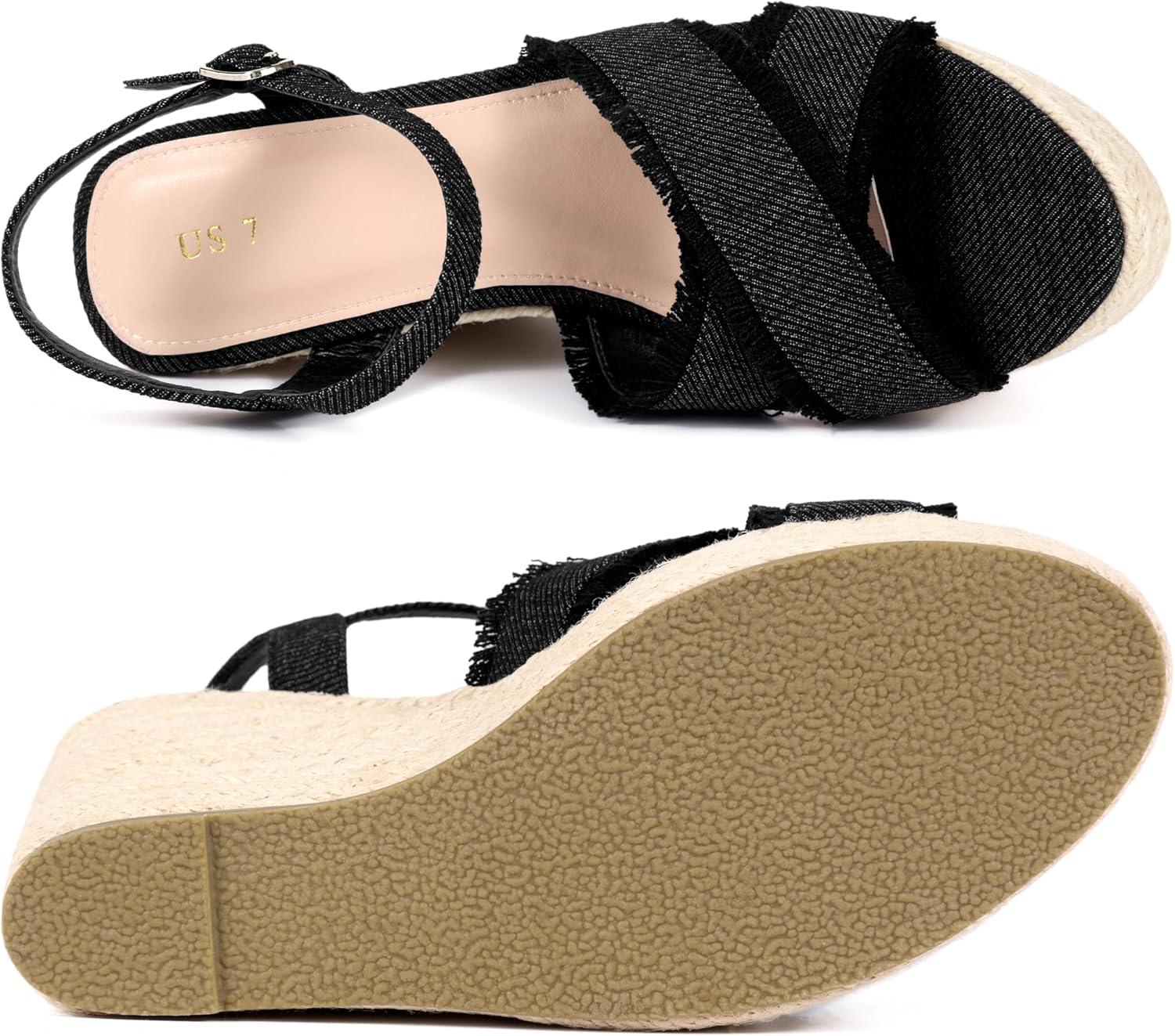 imageAllegra K Womens Denim Wedges Shoes Slingback Platform Wedge Heel SandalsBlack