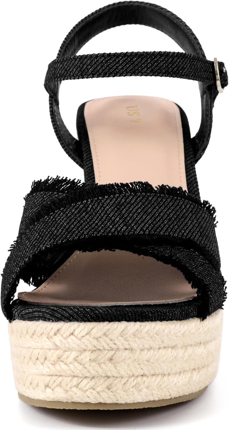 imageAllegra K Womens Denim Wedges Shoes Slingback Platform Wedge Heel SandalsBlack