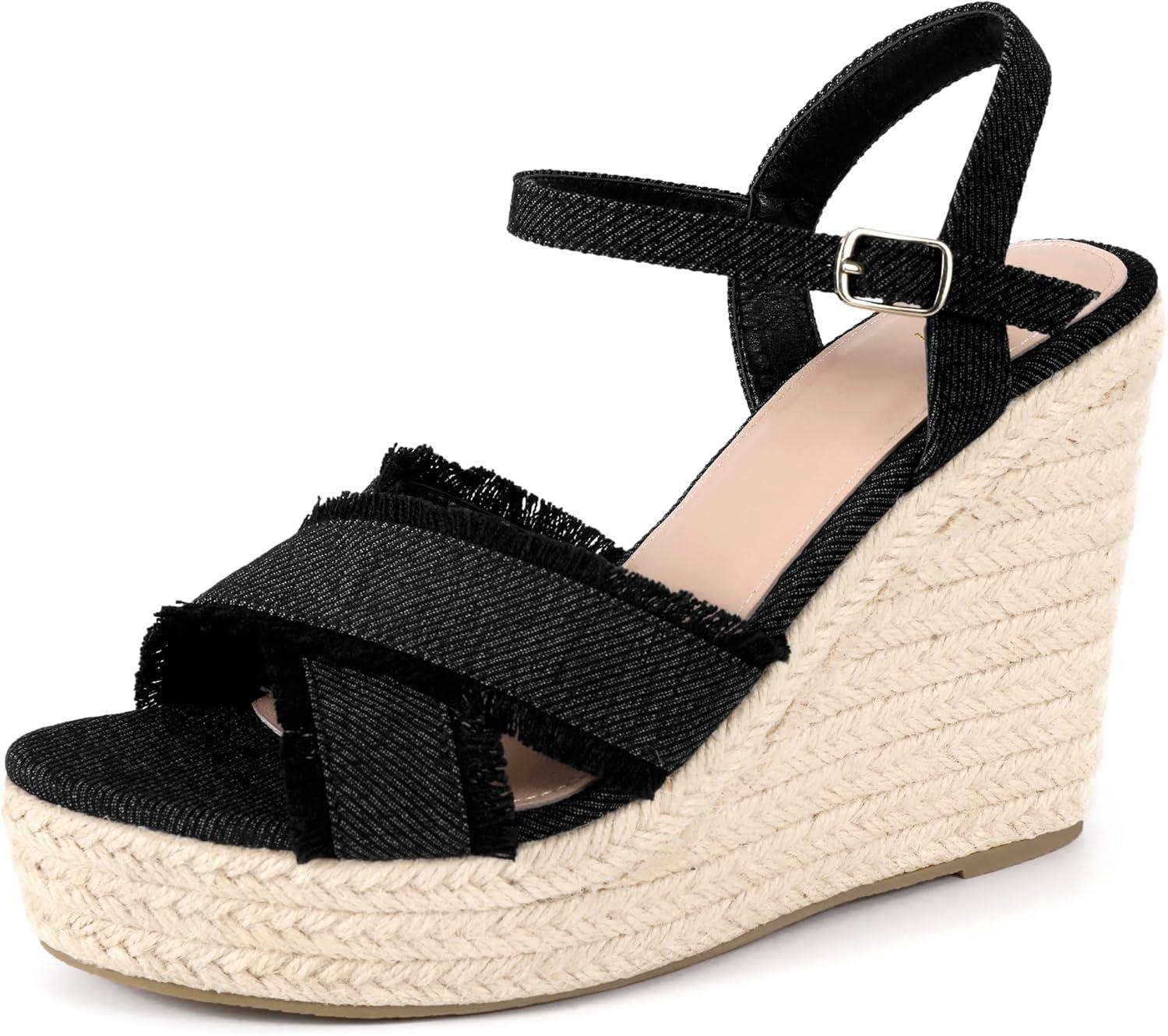 imageAllegra K Womens Denim Wedges Shoes Slingback Platform Wedge Heel SandalsBlack