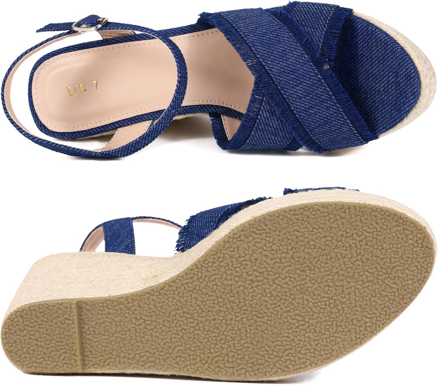 imageAllegra K Womens Denim Wedges Shoes Slingback Platform Wedge Heel SandalsBlue