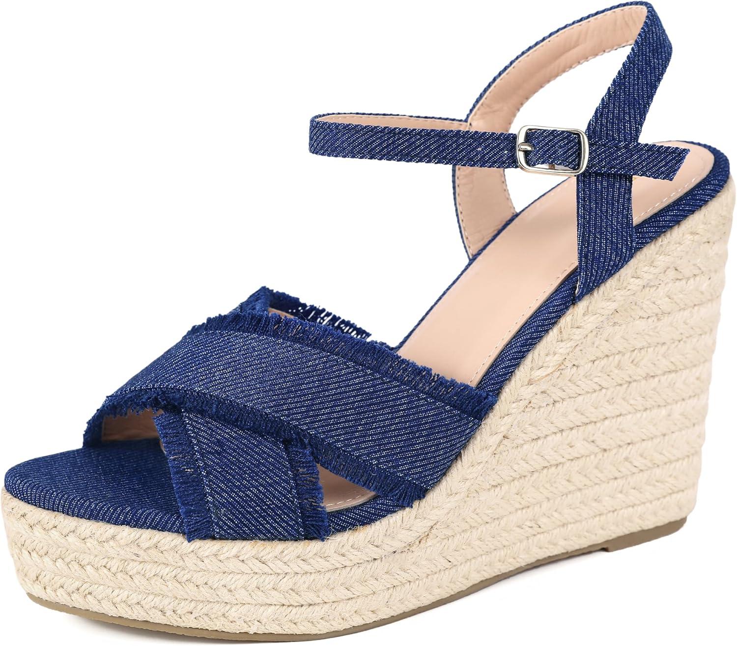 imageAllegra K Womens Denim Wedges Shoes Slingback Platform Wedge Heel SandalsBlue