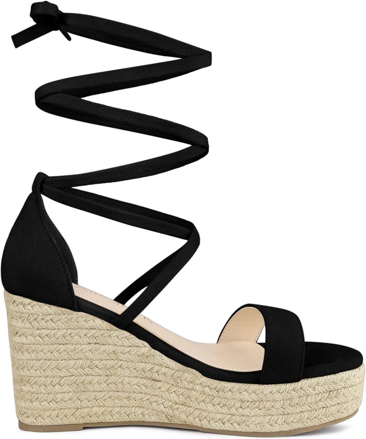 imageAllegra K Womens Espadrille Platform Lace Up Wedge Heels SandalsBlack