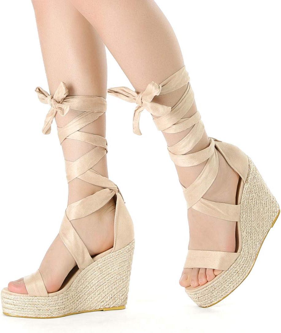 imageAllegra K Womens Espadrilles Platform Sandals Lace Up Open Toe Wedges HeelsBeige