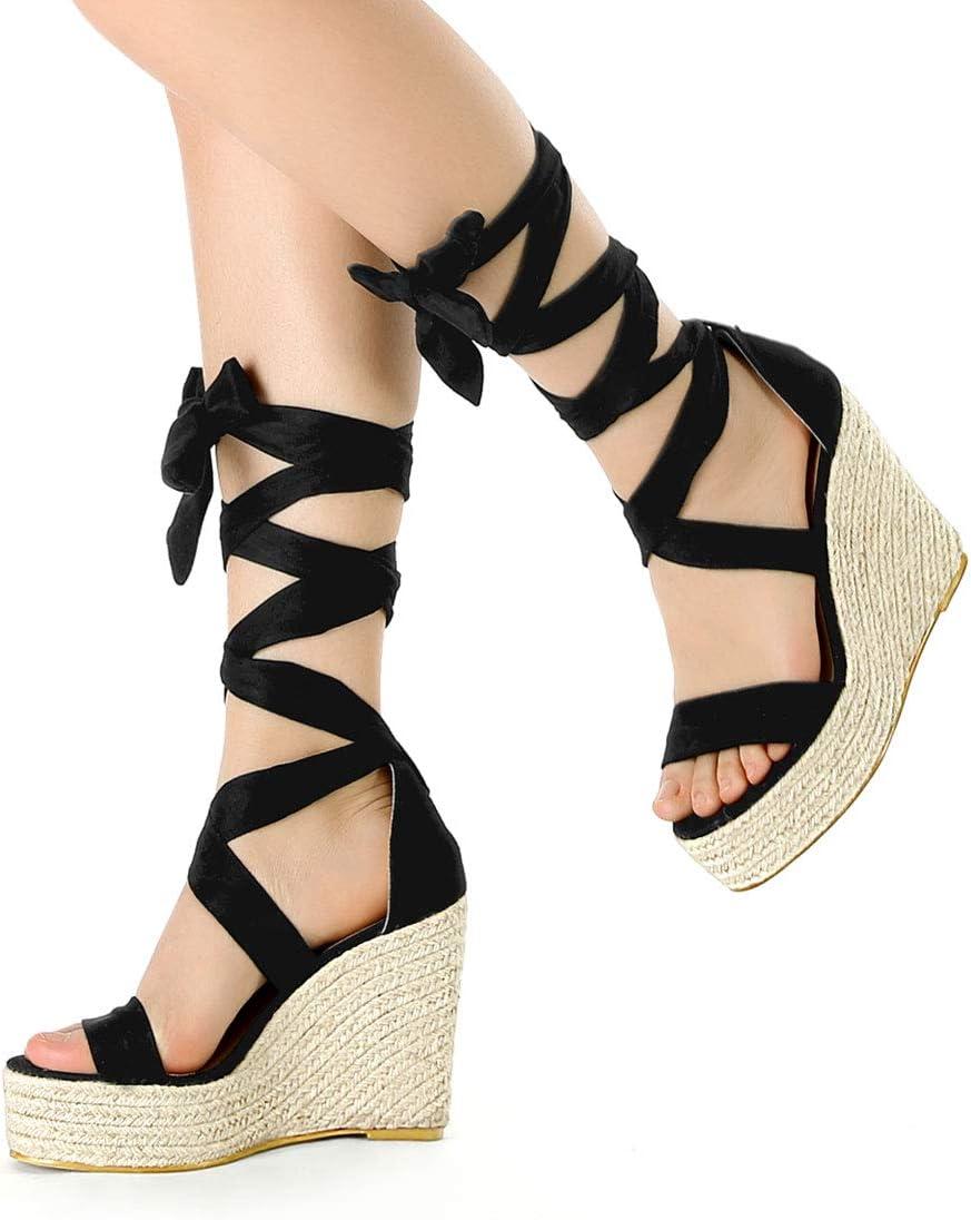 imageAllegra K Womens Espadrilles Platform Sandals Lace Up Open Toe Wedges HeelsBlack