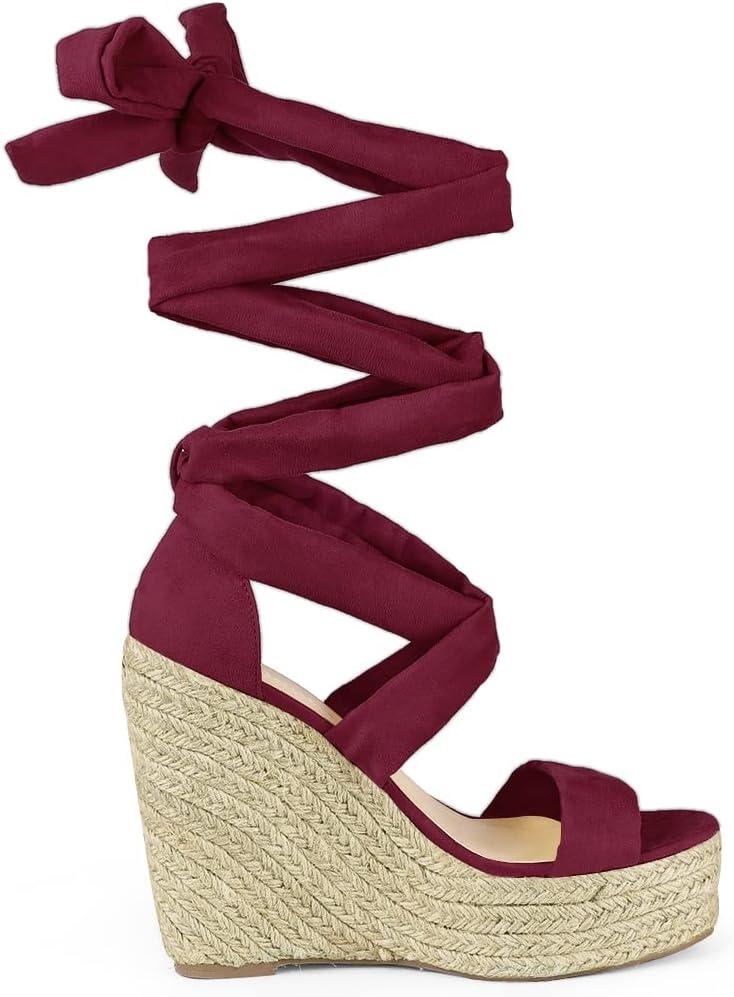 imageAllegra K Womens Espadrilles Platform Sandals Lace Up Open Toe Wedges HeelsBurgundy
